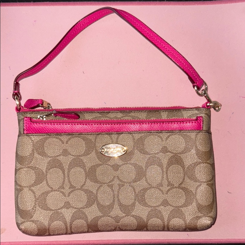 Coach Tan and Pink Signature Wristlet